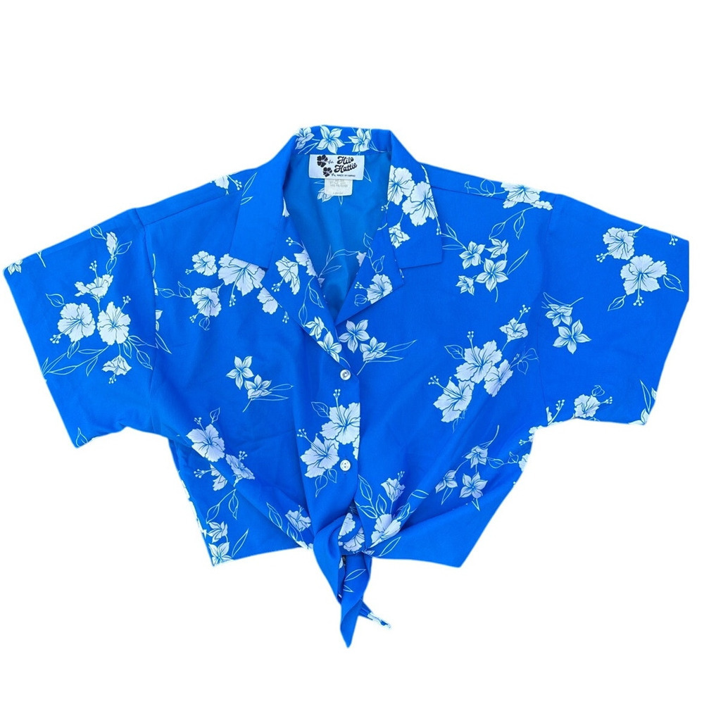 Copied - Womens L Vintage Hawaiian Tie Front Shirt Blue Floral Made in Hawaii